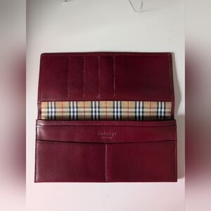 Vintage Burberrys Burberry Dark Red Leather Plaid Long Wallet